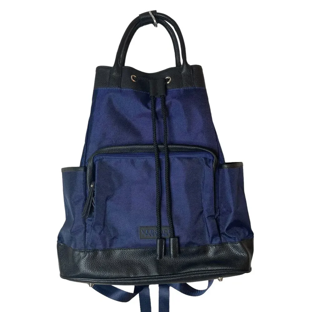 Versace Parfums Mens Back Pack Blue Nylon Leather New COA